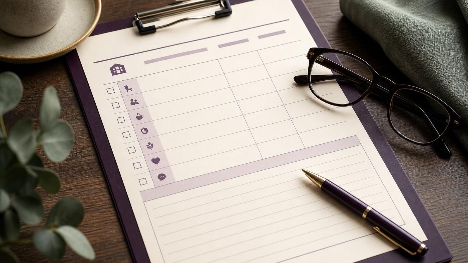 A printed care home visit checklist with space for notes